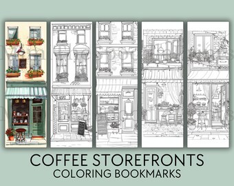 Coffee Shop Storefronts Coloring Bookmarks: Urban Sketch Art (Digital Download)