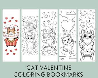 Cat Valentine Coloring Bookmarks: Kitten Lover Gift (Digital Download PDF)
