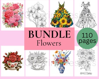Bundle di pagine da colorare con fiori per adulti e bambini, libro da colorare stampabile, botanico, vestito floreale, fiore da tazza da tè, fiori del mese di nascita