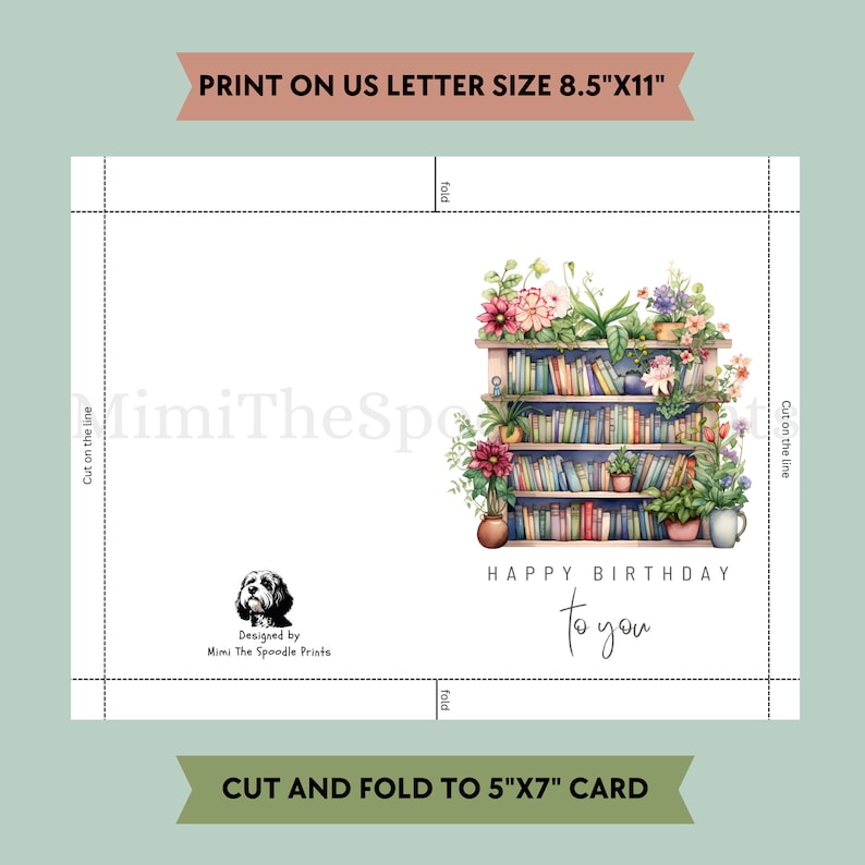 Book Birthday Card Printable, Literary Birthday Card for Book Lovers, Flower Books, Bookshelf, Printable Greeting