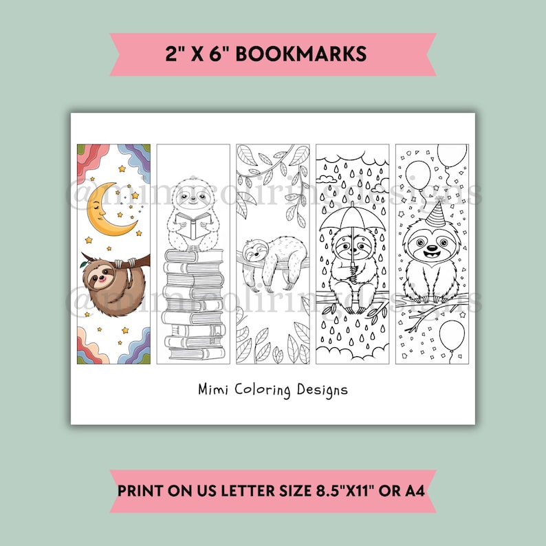 Cute Sloth Coloring Bookmarks, Printable Animal Bookmark (digital ...