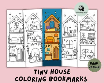 May include: A set of five black and white tiny house coloring bookmarks. Each bookmark features a different house design with furniture and decor. The text "TINY HOUSE COLORING BOOKMARKS" is displayed at the bottom.
