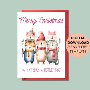 Biglietto di Natale con gatto stampabile per gli amanti dei gatti, buon compleanno, biglietto per gli amanti degli animali, i gatti cantano canti natalizi, auguri stampabili, download digitale