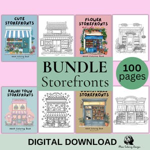 May include: A digital download bundle of 100 colouring pages featuring various storefront designs. The bundle includes five different colouring books: Cute Storefronts, Flower Storefronts, Kawaii Town Storefronts,  Bookstores Storefronts, and  Storefronts. Each colouring book features a unique set of storefront designs.