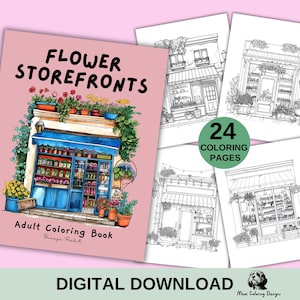 24 Flower Storefront Kolorowanki dla Dorosłych, Kolorowanka Do Wydrukowania, Miejski Szkic Kolorowanki, Relaksujące Kolorowanki, Pobieranie Cyfrowe