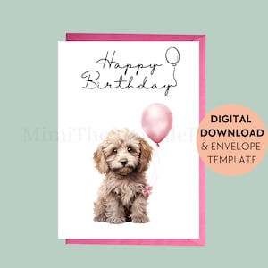 Tarjeta de cumpleaños imprimible para amantes de los perros, feliz cumpleaños, tarjeta de cumpleaños para perros, globos de cockapoo, saludo imprimible, descarga digital
