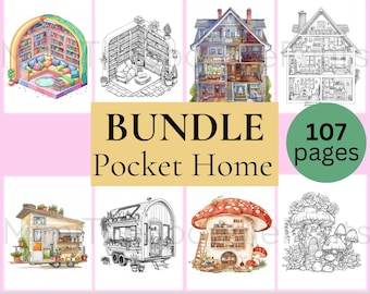 Pagine da colorare per adulti con tema &quot;casa tascabile&quot;, libro da colorare stampabile, casa minuscola, casa tascabile, stanza tascabile, casa a forma di fungo, download digitale
