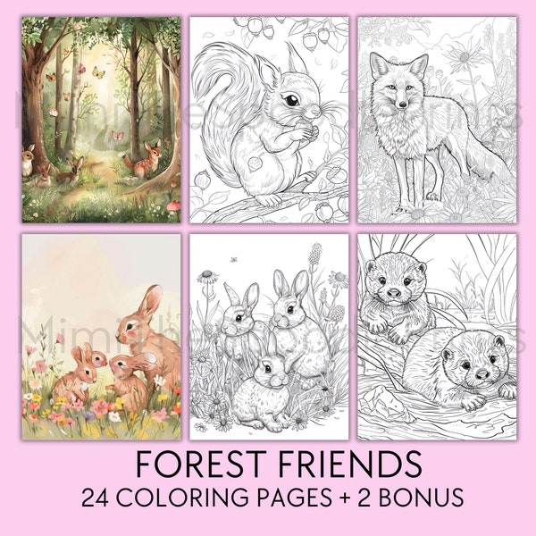 24 Forest Friends Coloring Pages, For Kids and Adults, Printable Coloring Book, Forest Animals Coloring, Printable Fairy, Digital Download