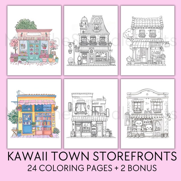 24 Kawaii Town Storefronts Coloring Pages, For Adults, Printable Coloring Book, Kawaii Storefronts Urban Sketch Coloring, Digital Download