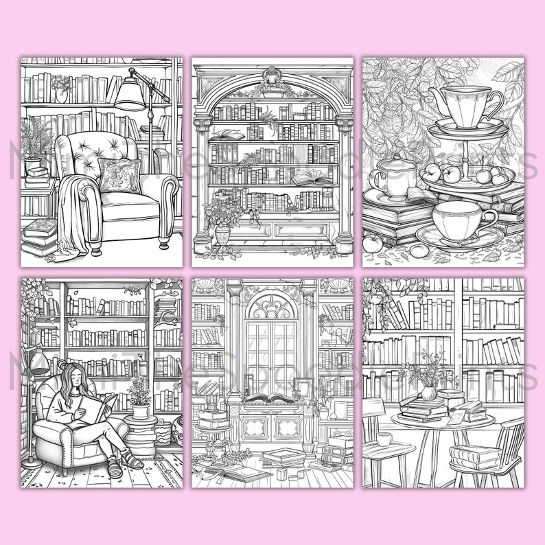 Library Coloring Pages for Adults, Printable Coloring Book, Enchanted Libraries, Booklover Gift, Relaxation, Stress Relief, Mindfulness Gift