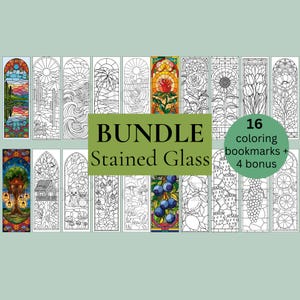 Könnte beinhalten: Ein Bündel von 16 Buntglas-Malvorlagen für Lesezeichen. Die Lesezeichen zeigen eine Vielzahl von Designs, darunter Blumen, Bäume und geometrische Muster. Der Text "BUNDLE STAINED GLASS" wird in der Mitte des Bildes angezeigt. Der Text "16 Malvorlagen für Lesezeichen + 4 Bonus" wird in einem Kreis in der unteren rechten Ecke des Bildes angezeigt.