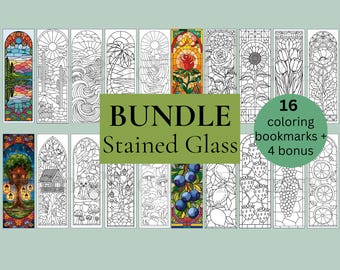 Paquete de marcapáginas para colorear con diseño de vidrieras: paisajes, flores y frutas (descarga digital)