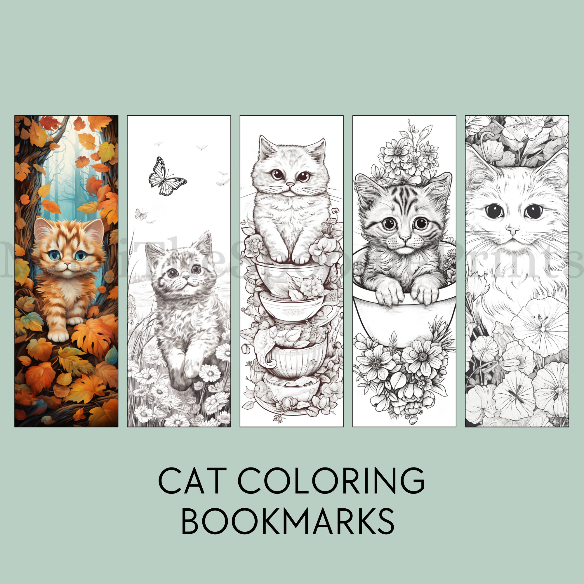 Cat Coloring Bookmarks Printable for Cat Lover, Cat Bookmarks, Reading