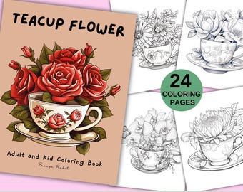 Puede incluir: Un libro para colorear digital descargable con 24 páginas de tazas de té llenas de flores. La portada presenta una taza de té llena de rosas rojas. El título del libro es "Teacup Flower" y el texto "Adult and Kid Coloring Book" está debajo de la imagen. El texto "Digital Download" está en la parte inferior de la imagen.