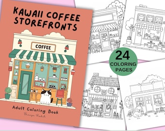 Páginas para colorir de vitrines de cafeterias kawaii: arte de esboço urbano (download digital)