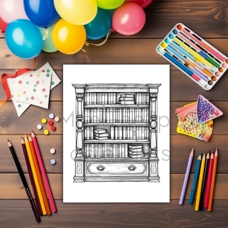 Library Coloring Pages for Adults, Printable Coloring Book, Enchanted Libraries, Booklover Gift, Relaxation, Stress Relief, Mindfulness Gift