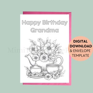 Carte d'anniversaire à colorier, carte d'anniversaire grand-mère, joyeux anniversaire, théière, voeux à imprimer, téléchargement numérique