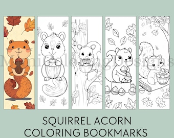 May include: Set of five black and white printable colouring bookmarks featuring cute cartoon squirrels holding acorns. The bookmarks are perfect for children to colour and use for their books.