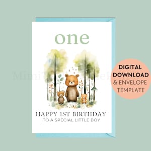 Cartão de 1º aniversário para impressão, cartão de aniversário infantil, feliz aniversário, floresta, saudação para impressão, download digital