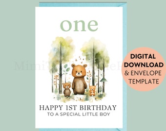 1st Birthday Card Printable, Kids Birthday Card, Happy Birthday, Woodland, Printable Greeting, Digital Download