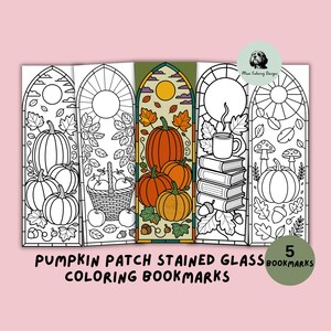 Stained Glass Pumpkin Patch Coloring Bookmarks, Printable Fall Bookmark, Autumn Book Lover Gift, Digital Download PDF