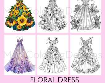 28 pagine da colorare di abiti floreali, per adulti e bambini, libro da colorare stampabile, abito alla moda, colorazione dei fiori, download digitale