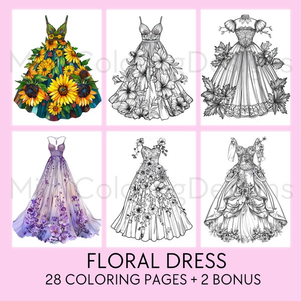 28 Floral Dress Coloring Pages, For Adults and Kids, Printable Coloring Book, Fashion Dress, Flowers Coloring, Digital Download