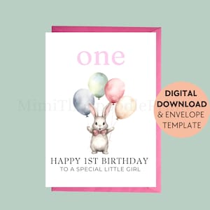 1er anniversaire carte imprimable, carte d'anniversaire pour enfants, joyeux anniversaire, lapin, voeux imprimable, téléchargement numérique