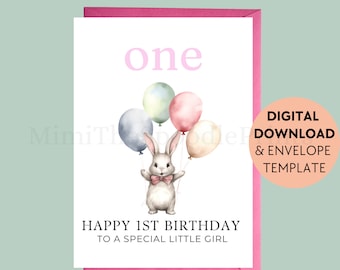 1st Birthday Card Printable, Kids Birthday Card, Happy Birthday, Bunny, Printable Greeting, Digital Download