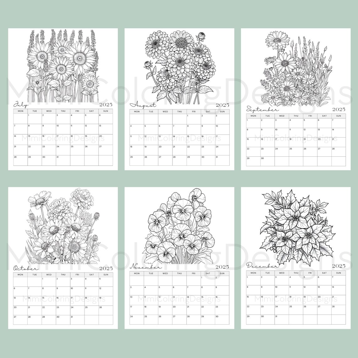 Flower Coloring Calendar 2025 Printable for Adults, 2025 Monthly ...