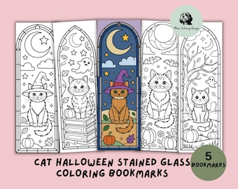 Kolorowanka z kotem witrażowym na Halloween, zakładka do druku na Halloween, upiorny prezent dla miłośnika książek, cyfrowe pobieranie w formacie PDF