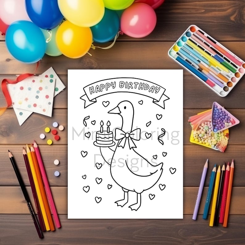 Fun printable birthday coloring activities for kids featuring silly goose characters. Set of high-quality black-and-white pages ready to color with crayons, markers, or colored pencils. Great for birthday goodie bags, table activities, or quiet time during party excitement. Download and print as many as needed.