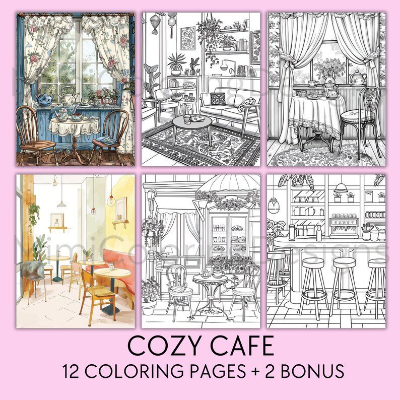 Bundle Cozy Coloring Pages For Adults, Printable Coloring Book, Kawaii Cozy Corners Coloring, Cottage Gardens Coloring, Cozy Kitchen Coloring, Cozy Cafe Coloring