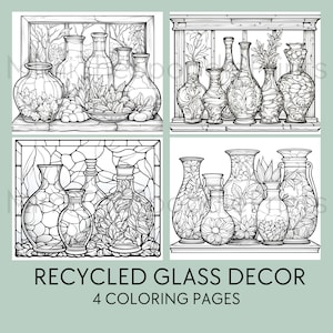 Stained Glass Coloring Pages for Adults, Printable Coloring Book, Recycled Glass Coloring, Vase Coloring, Digital Download