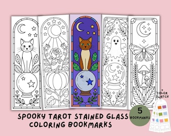 Stained Glass Spooky Tarot Coloring Bookmarks, Printable Halloween Bookmark, Book Lover Gift, Digital Download PDF
