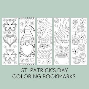 Pode incluir: Conjunto de cinco marcadores de livros para colorir em preto e branco do Dia de São Patrício. Os marcadores de livros apresentam um trevo, um gnomo, um arco-íris, um pote de ouro e bolas de discoteca.