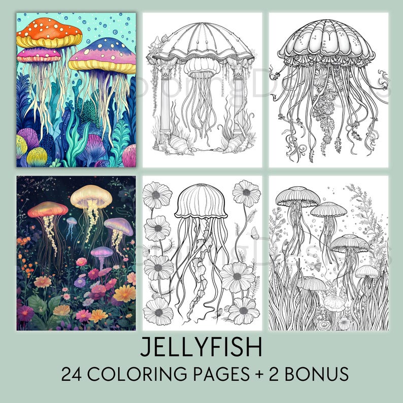 24 Jellyfish Coloring Pages for Adults, Printable Coloring Book, Jellyfish Coloring Book ...