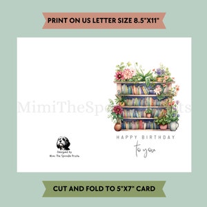 Book Birthday Card Printable, Literary Birthday Card for Book Lovers, Flower Books, Bookshelf, Printable Greeting