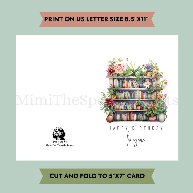Book Birthday Card Printable, Literary Birthday Card for Book Lovers, Flower Books, Bookshelf, Printable Greeting