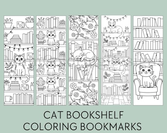 Cat Coloring Bookmarks: Printable Cats Bookshelf Book Lover Gift (Digital Download PDF)
