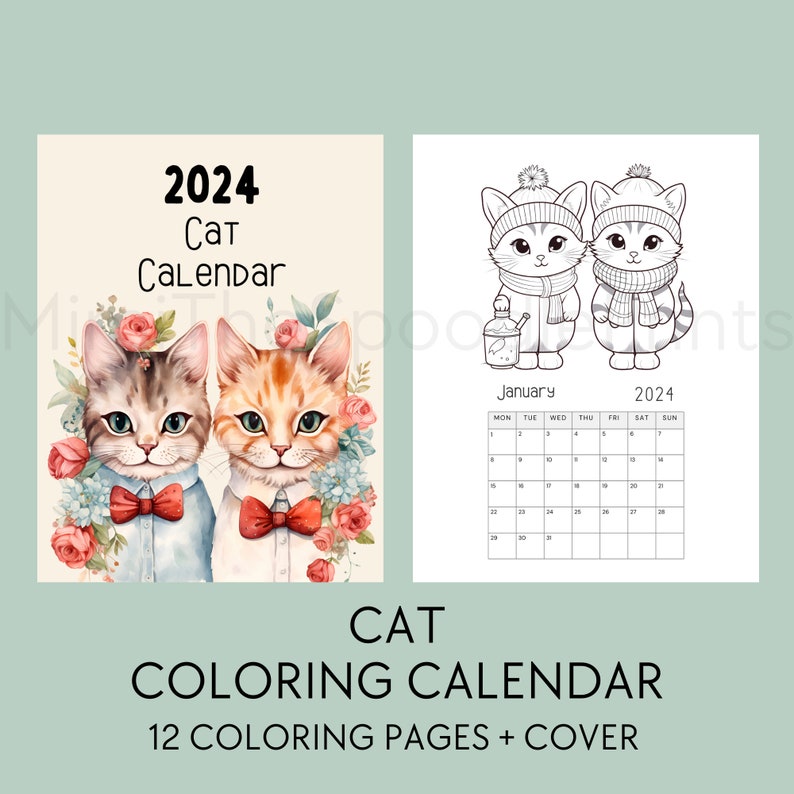 Cat Coloring Calendar 2024 Printable, for Cat Lovers, 2024 Monthly