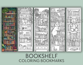 Bookshelf Coloring Bookmarks: Reading Nook Decor (Digital Download)