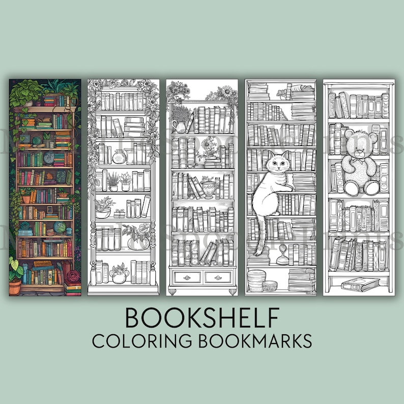 Literary Coloring Bookmarks Printable for Book Lover, Bookshelf Bookmarks, Reading Nook Decor, Book Lover Gift