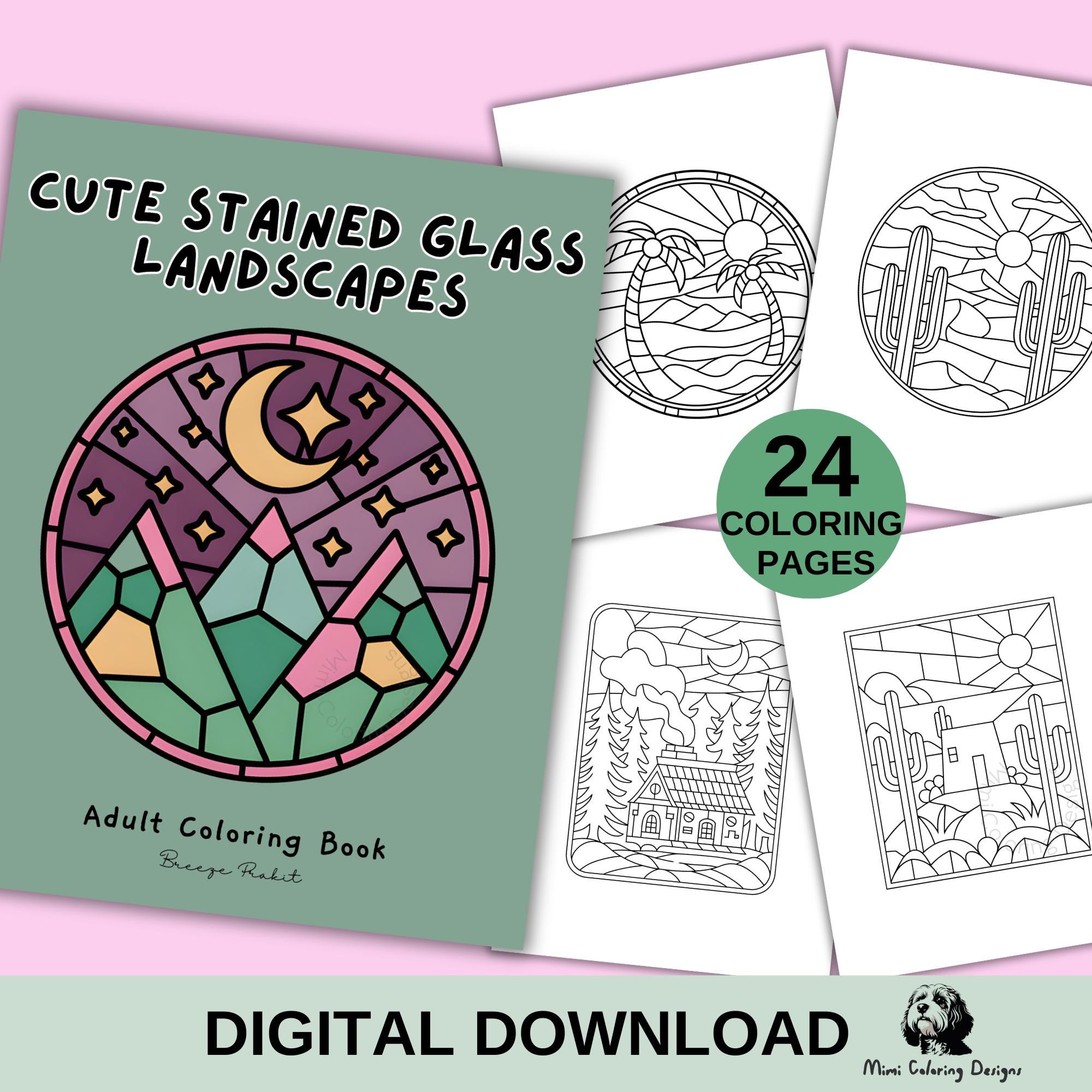 24 lindas páginas para colorear de paisajes estilo vitral para adultos | PDF imprimible de paisajes minimalistas