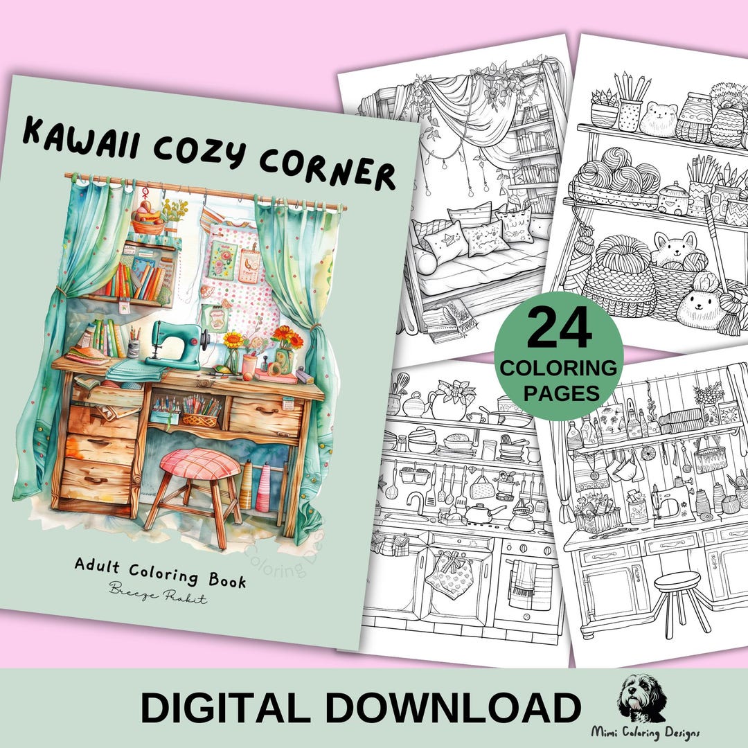 24 Kawaii Cozy Corners Coloring Pages for Adults, Printable Coloring ...