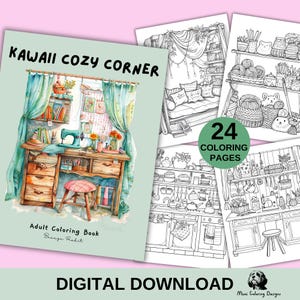 24 Kawaii Cozy Corners Coloring Pages for Adults, Printable Coloring Book, Cozy Coloring Pages, Relaxing Coloring, Digital Download