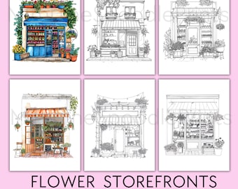 24 Flower Storefronts Coloring Pages, For Adults, Printable Coloring Book, Flower Storefronts Urban Sketch Coloring, Digital Download