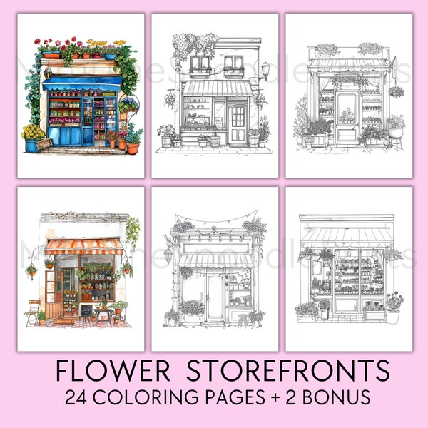 24 Flower Storefronts Coloring Pages, For Adults, Printable Coloring Book, Flower Storefronts Urban Sketch Coloring, Digital Download