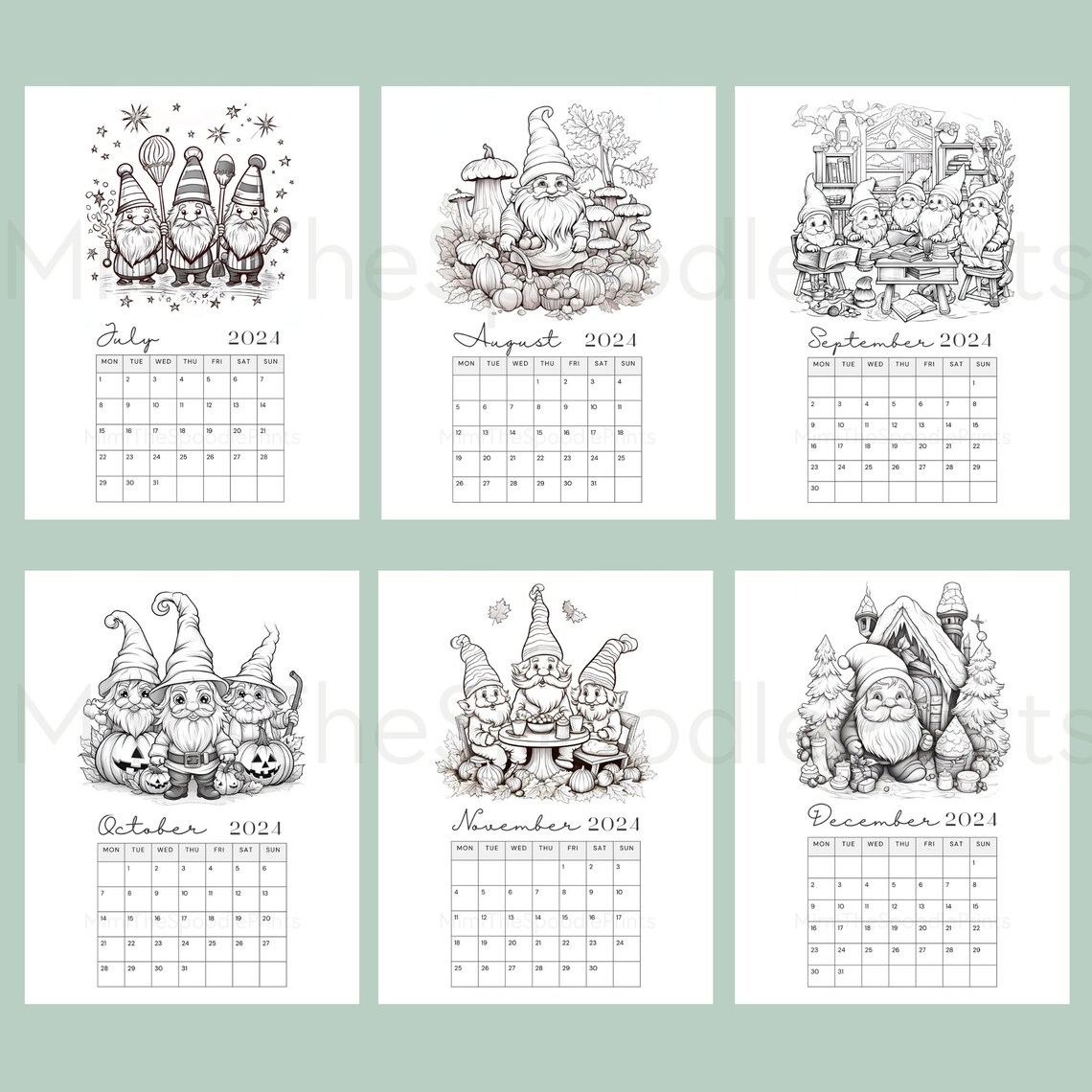Gnome Coloring Calendar 2024 Printable, for Gnome Lovers, 2024 Monthly Planner, Cute Gnome