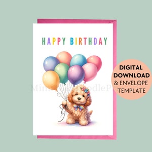 Biglietto di auguri stampabile per Cockapoo, per amanti dei cani, Buon compleanno, Biglietto di auguri per cani, Palloncini Cockapoo, Auguri stampabili, Download digitale